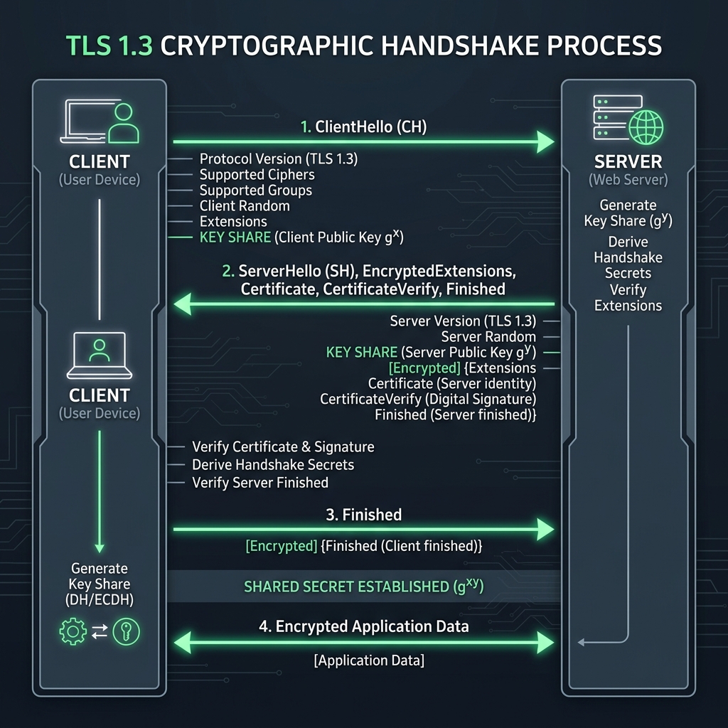 TLS 1.3 Cryptographic Handshake Process Infographic